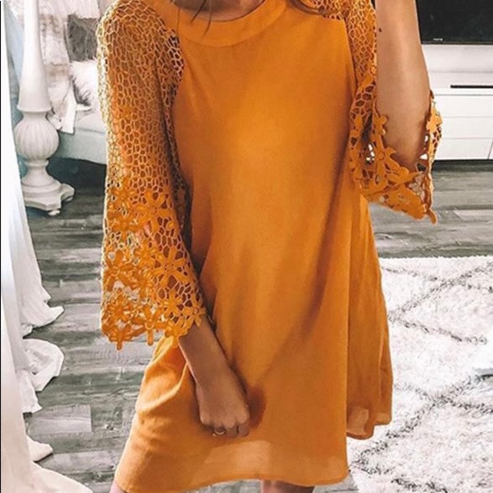 Pure Casual Net Yarn Lace Solid Color Midi Dress